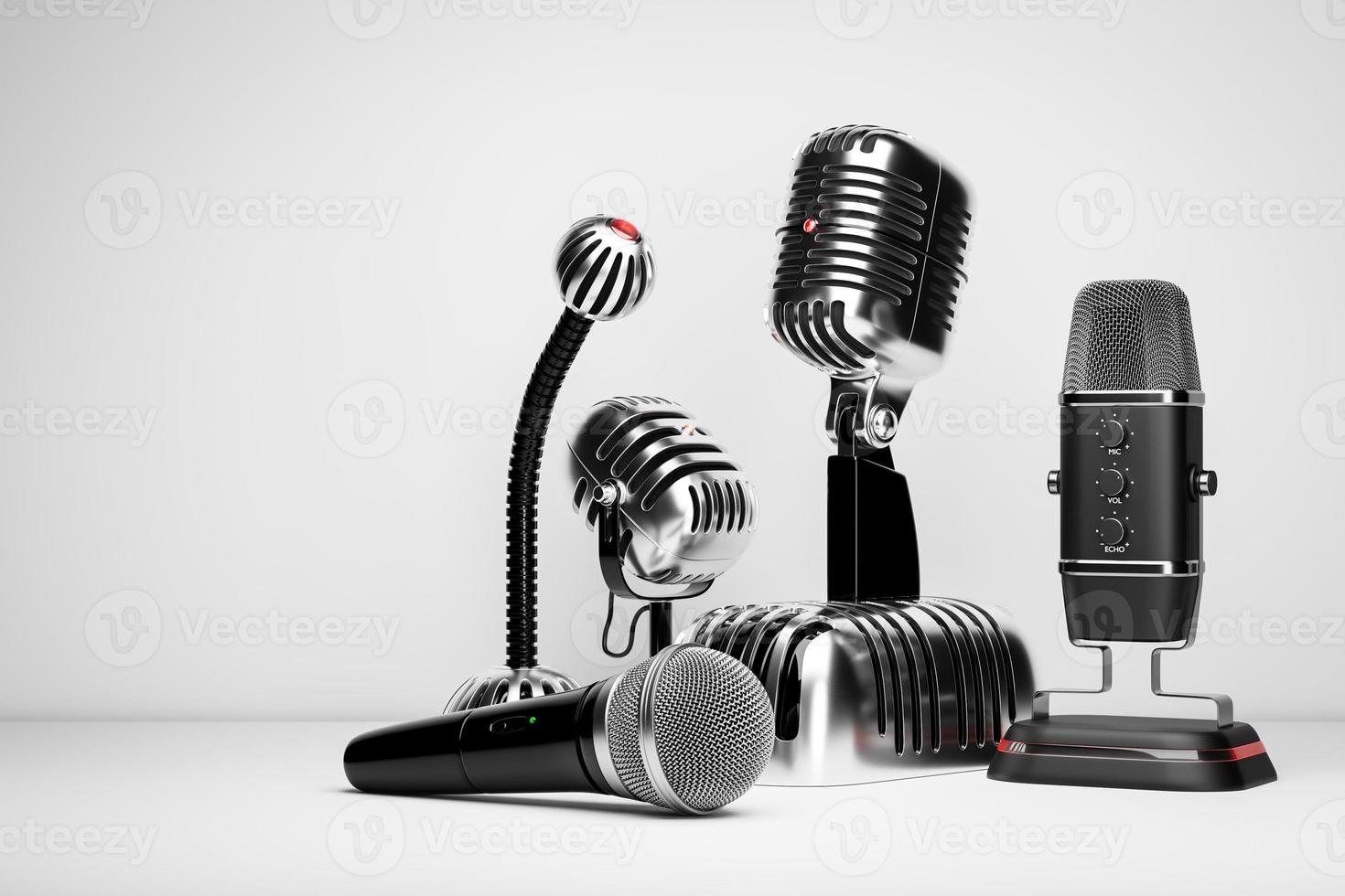 A set of microphones in a realistic background on a white isolated background, 3d illustration. Live show, music recording, entertainment concept. photo