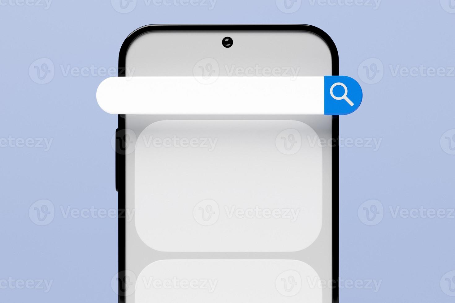 3D illustration of a mobile phone with a search bar on a white background . Internet search using smartphone. photo