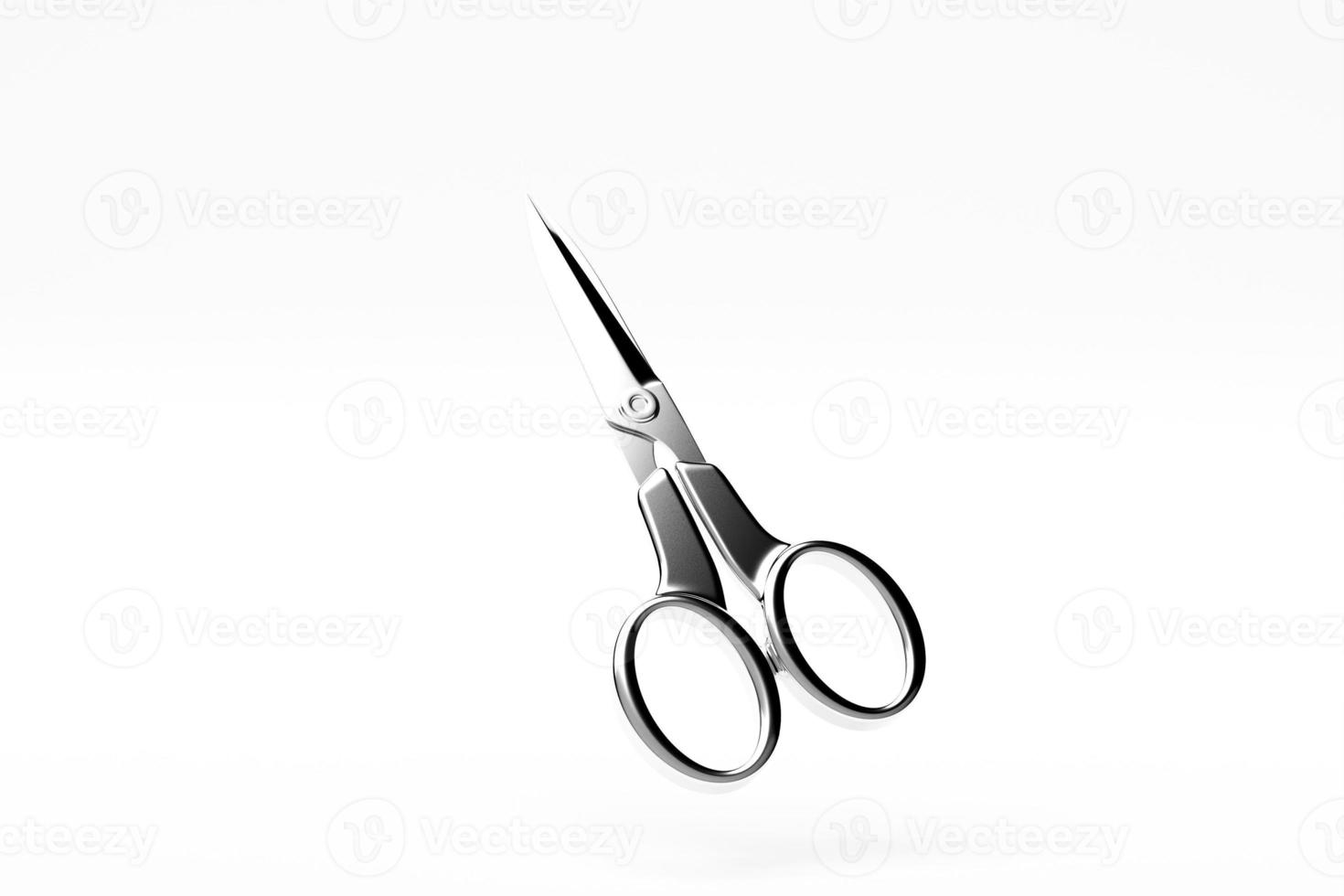 3d illustration, close up of the  silver metal open scissors  on a white isolated background. Classic scissors design template for graphic photo