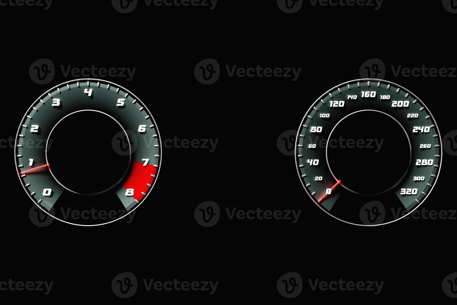 3D illustration of the dashboard of the car is illuminated by bright illumination. Circle speedometer, tachometer photo