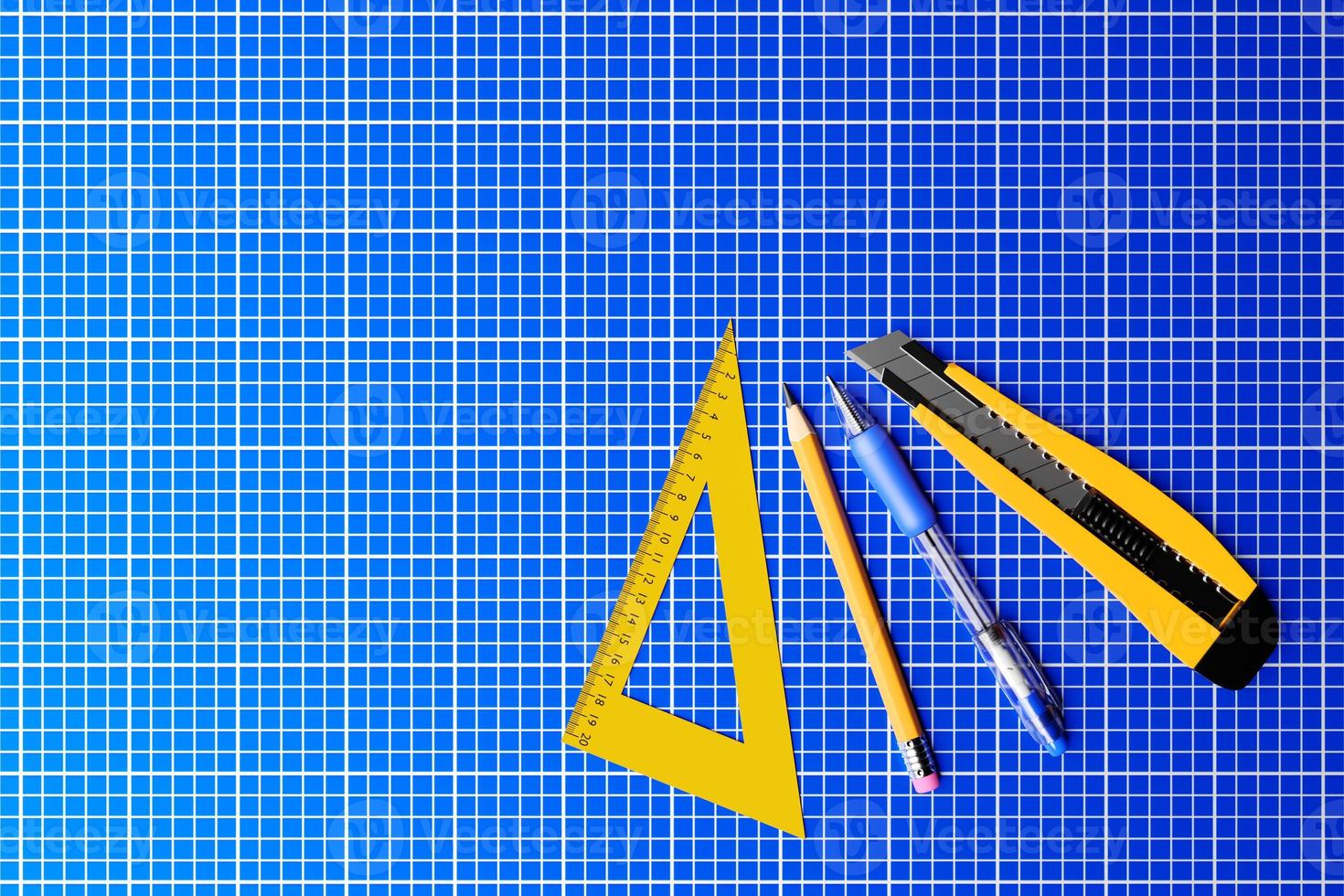 3D illustration yellow  cutter,  pencil, pen and ruller on blue background. 3D render and illustration of repair and installation tool photo
