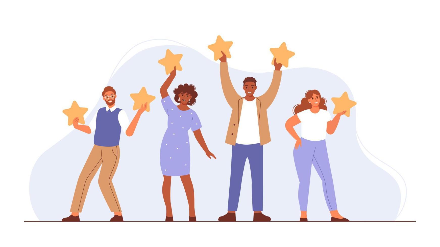 People are holding stars. Clients evaluating product, service. Feedback concept. Flat vector illustration.