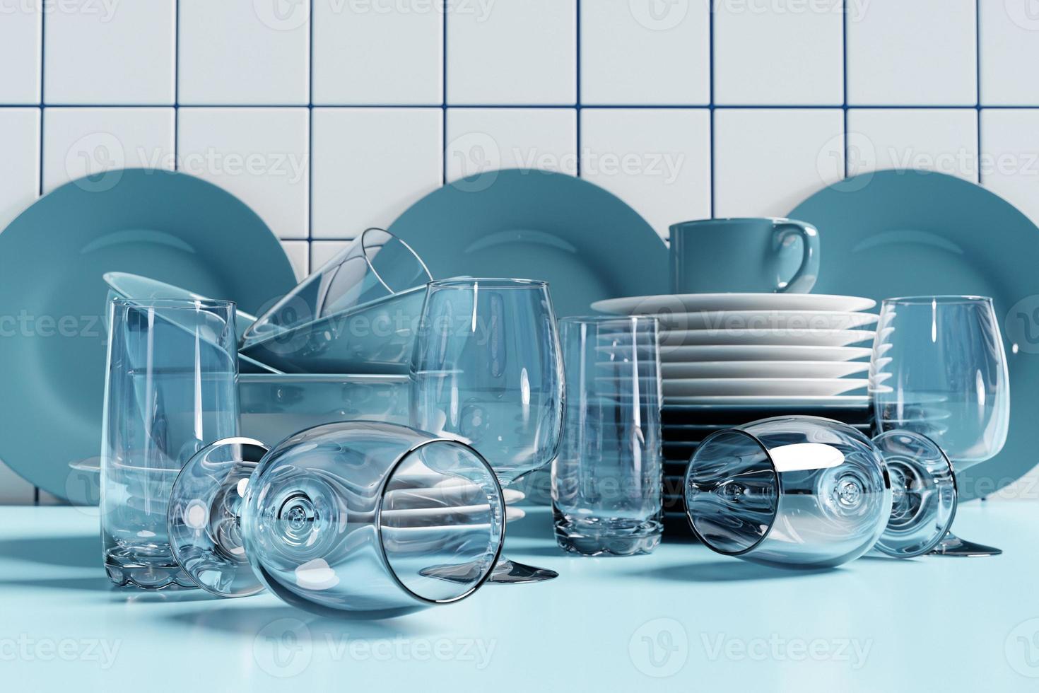 Realistic 3d illustration of an empty set of dishes. Clean dishes, folded kitchen utensils, plates, glasses, glasses. Stack of clean dishes illustration. Porcelain tableware photo