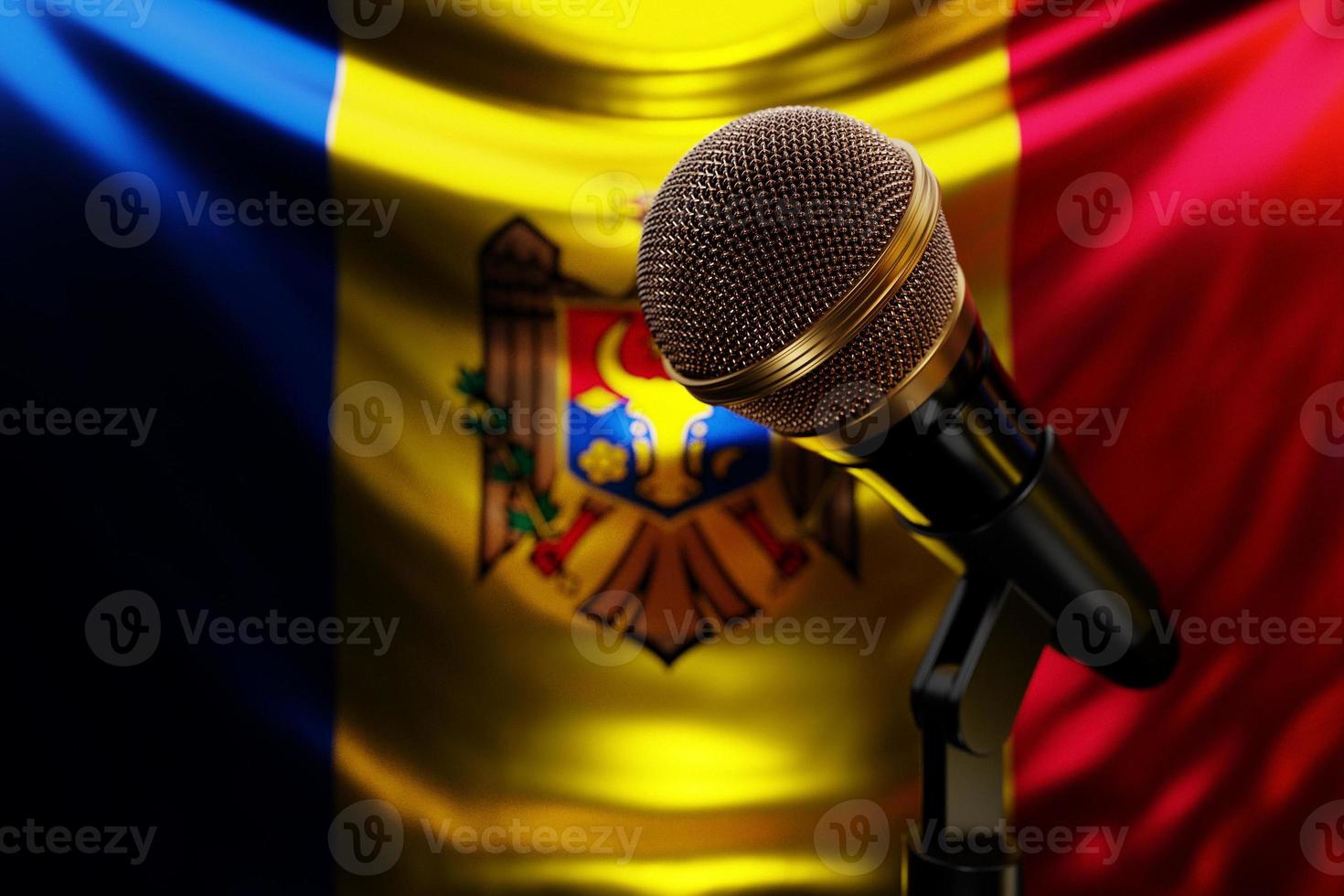 Microphone on the background of the National Flag of Moldova, realistic 3d illustration. music award, karaoke, radio and recording studio sound equipment photo