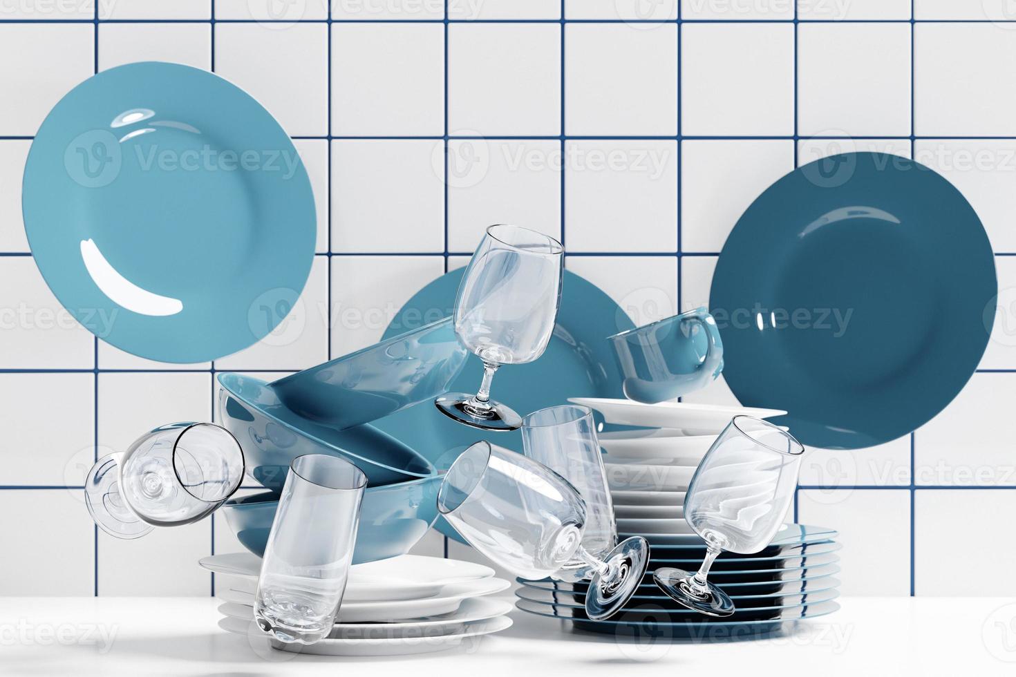 A set of clean plates, glasses, glasses scatter in different directions. photo
