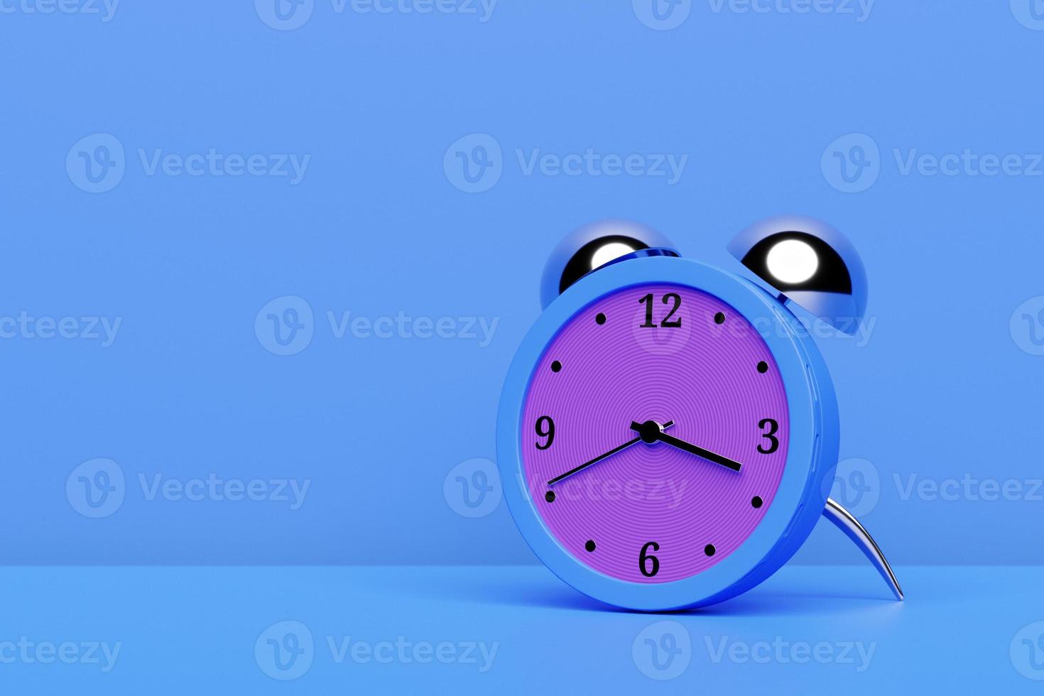 3d illustration blue and purple cartoon wake up alarm clock on isolated monochrome background photo