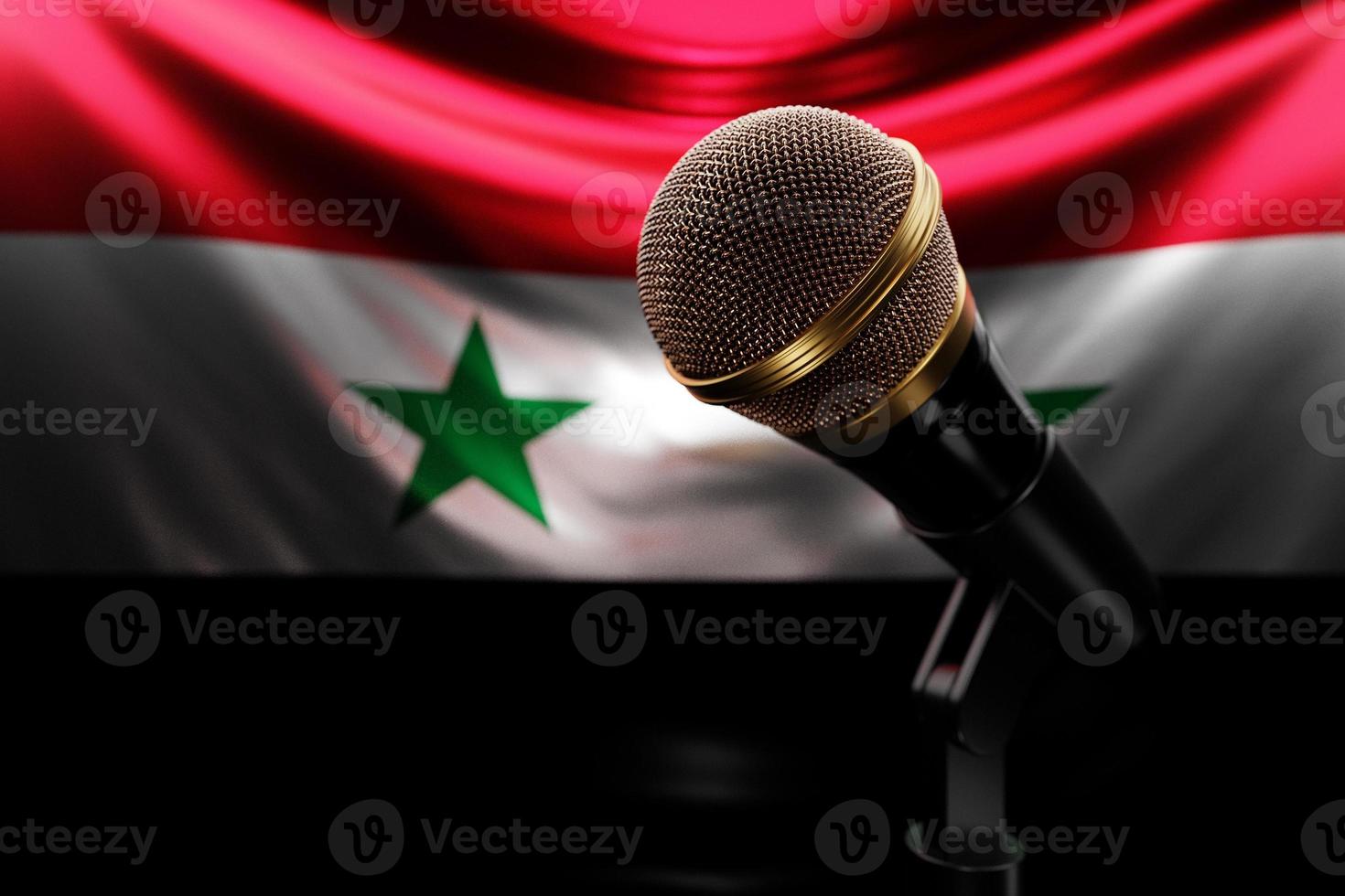 Microphone on the background of the National Flag of Syria, realistic 3d illustration. music award, karaoke, radio and recording studio sound equipment photo