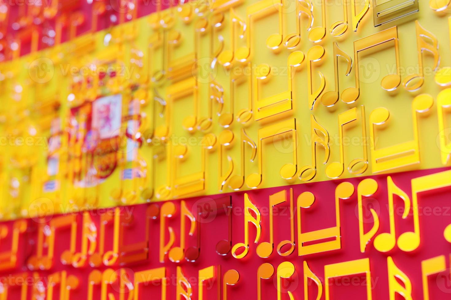 Musical notes lined up in even rows against the backdrop of the National Flag of  Spain . The concept of the national anthem, music. 3D illustration photo