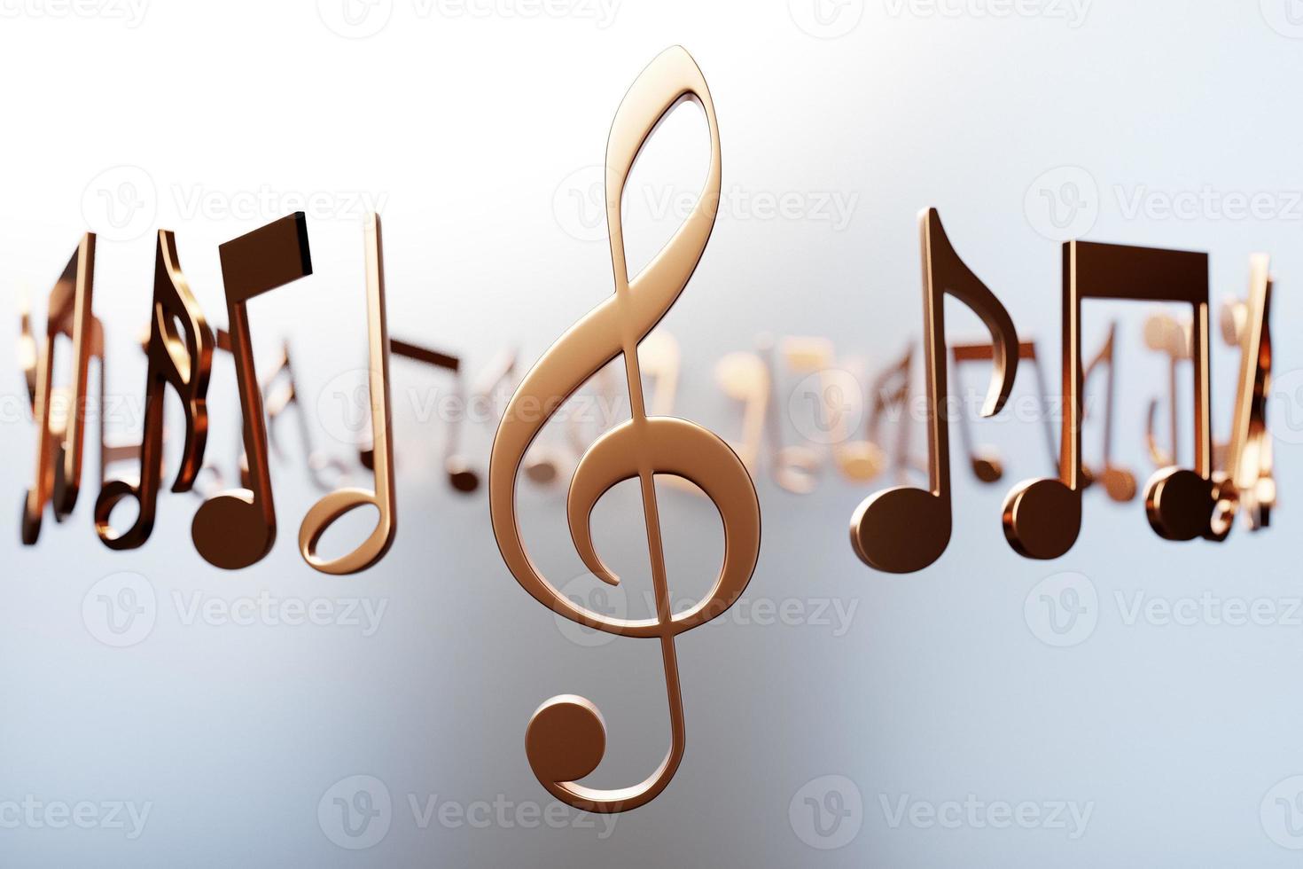 Clave de sol de metal dorado realista y notas musicales sobre un fondo blanco. Símbolo musical dorado 3d - elementos de decoración para el diseño. foto