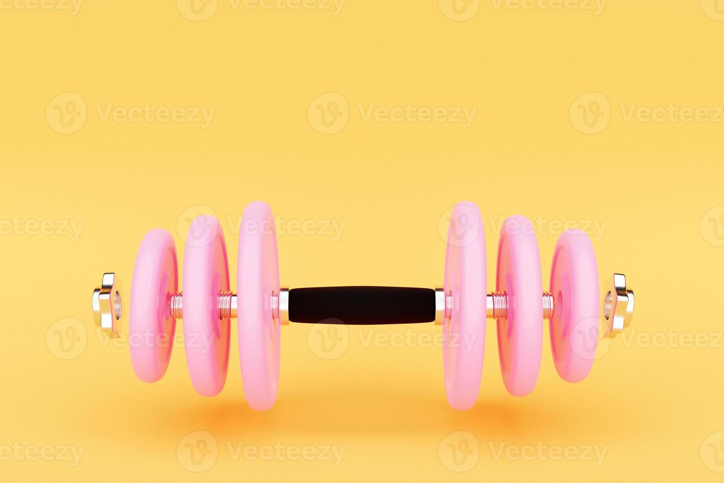 3D illustration  metal pink dumbbell with disks on  yellow background. Fitness and sports equipment photo