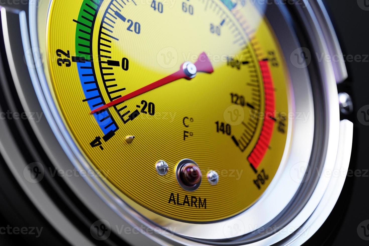 Round temperature sensor with an indicator at a critical level. 3d illustration isolated on black  background photo