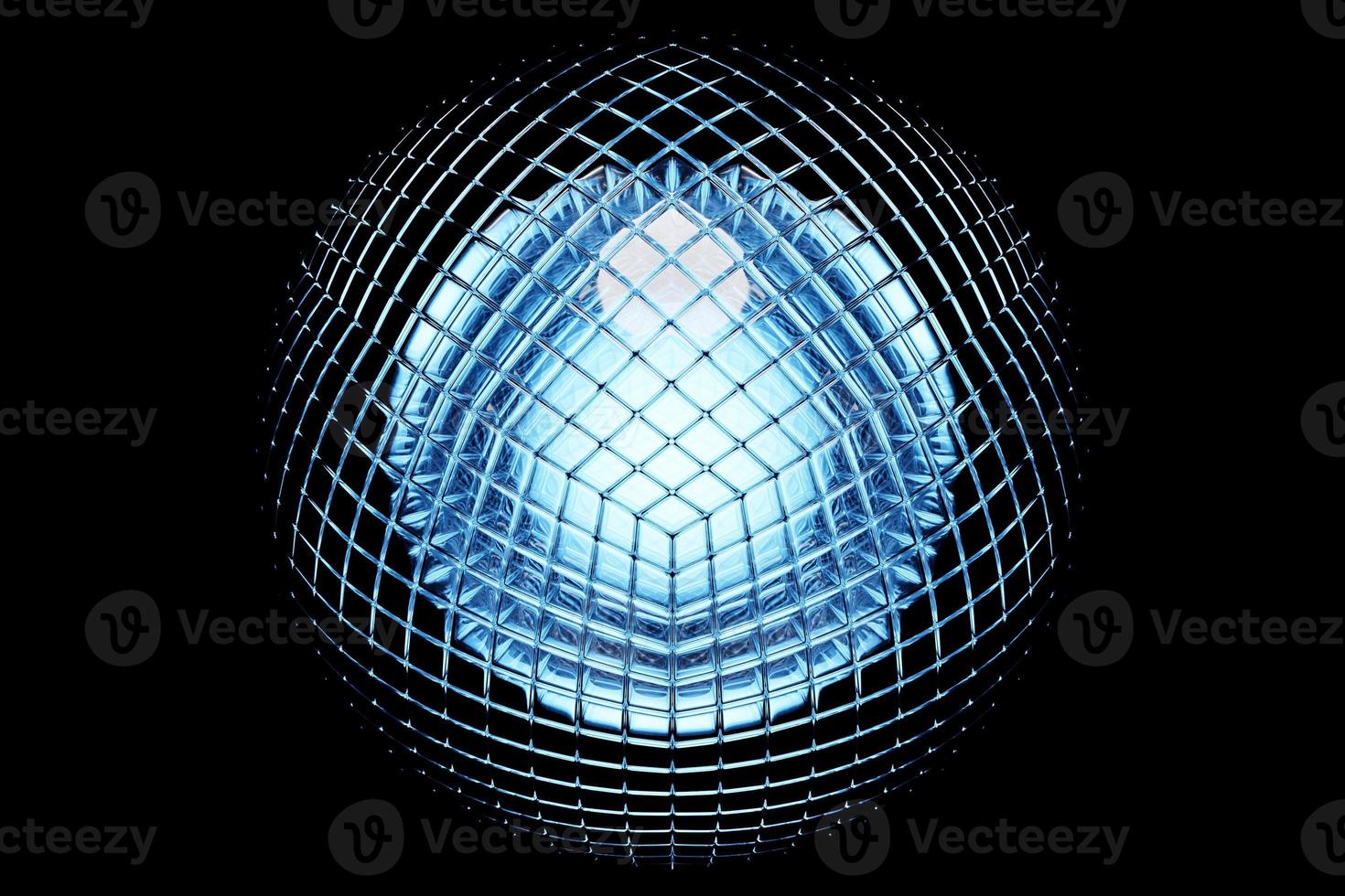 3D illustration of a transparent blue glass  ball  with many faces, crystals scatter   on a dark  background under a white neon light.  Cyber ball shape photo