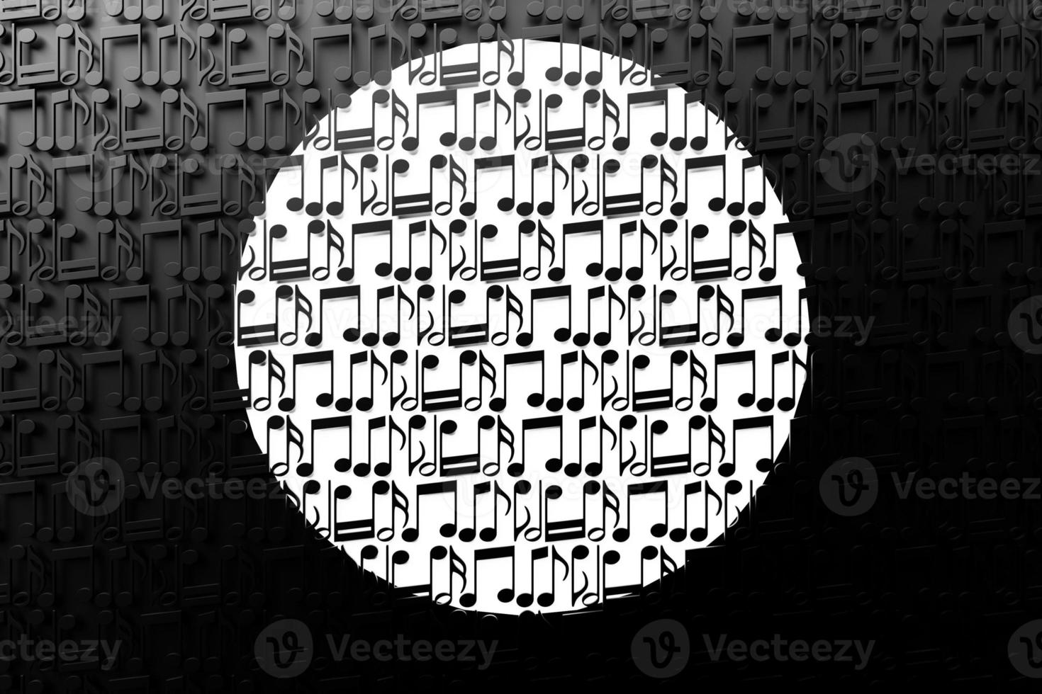 Music sheet background with drawn notes, white circle in the middle. Simple cartoon design. 3D illustration photo