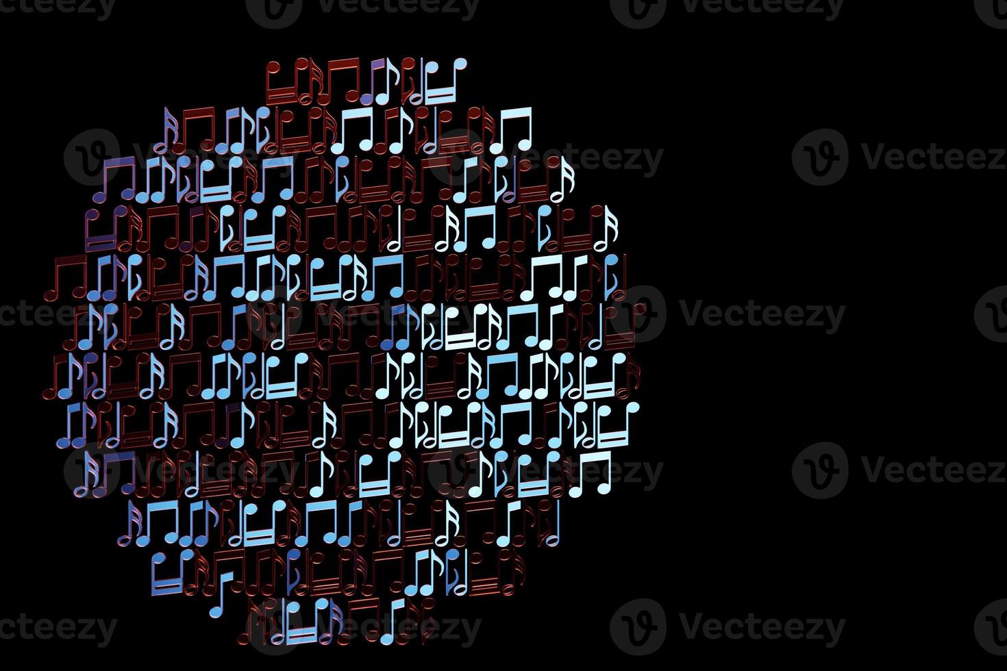 Musical notes and symbols with curves and swirls on a black background.  3D illustration photo