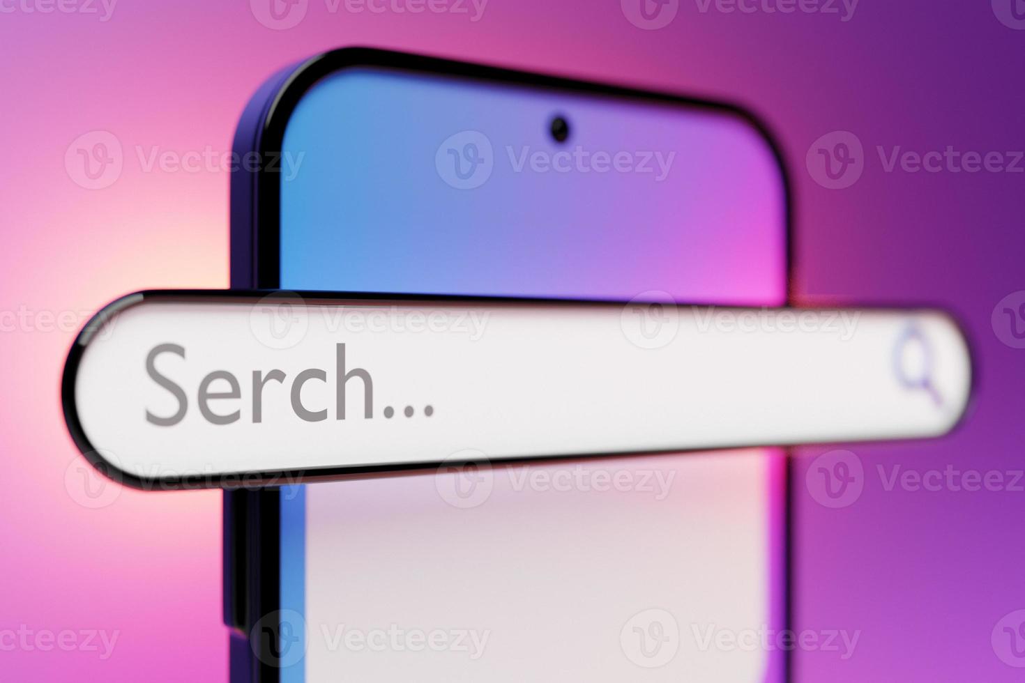 3D colorful illustration of a modern smartphone with an information search bar on a pink background. photo
