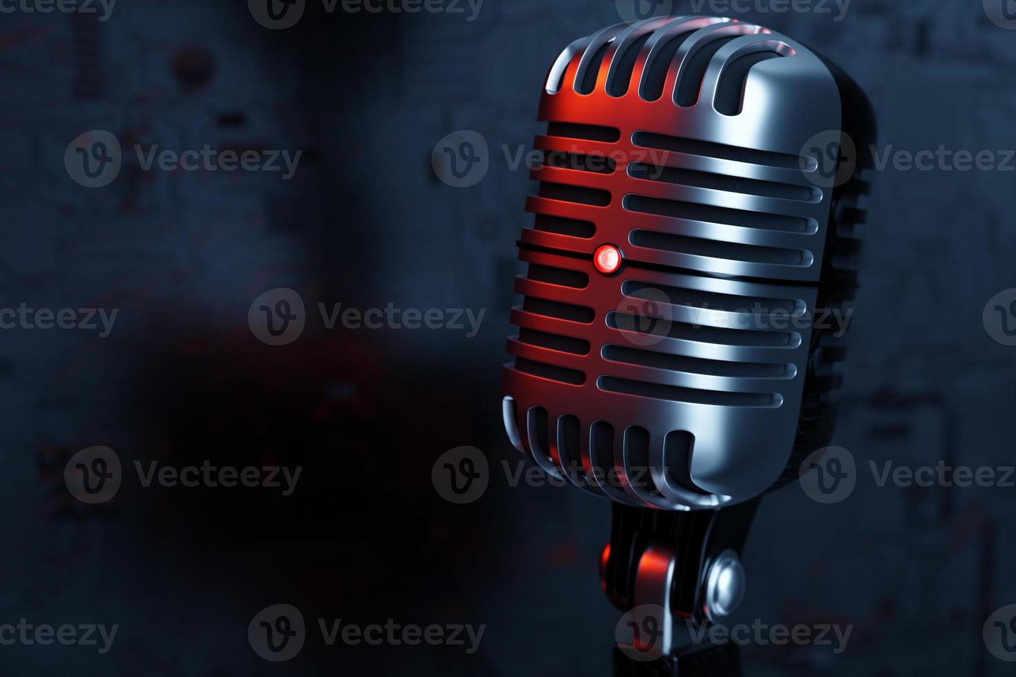 Silver microphone,   model on black background, realistic  3d illustration. music award, karaoke, radio and recording studio sound equipment photo