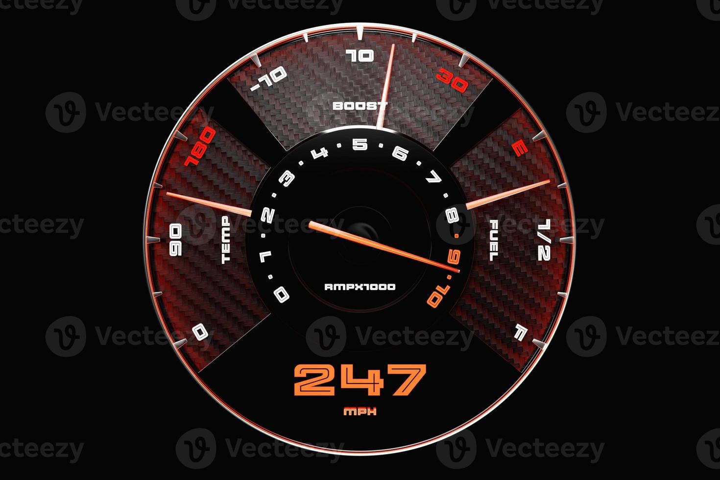 3D illustration of the dashboard of the car is illuminated by bright illumination. Circle speedometer, tachometer photo