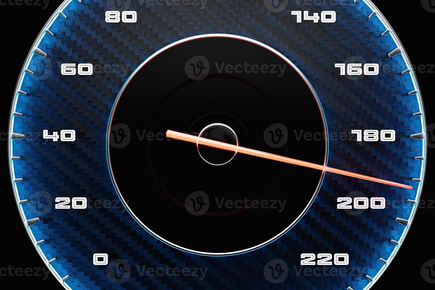 3D illustration close up black car panel, digital bright speedometer in sport style. The speedometer needle shows a maximum speed of 290 km h photo