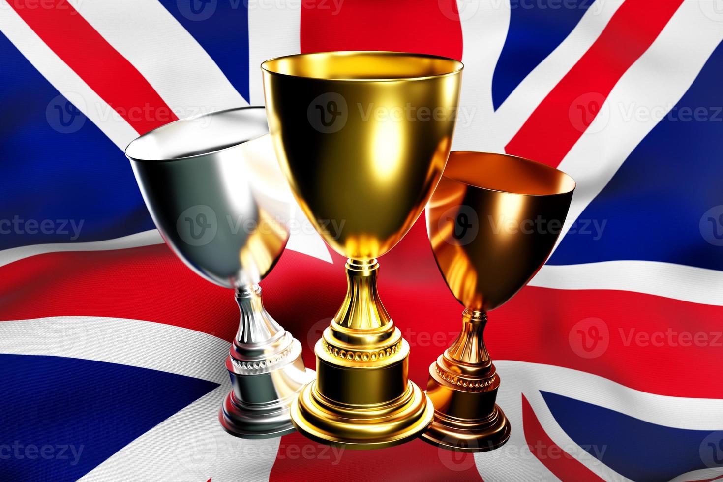 3d illustration of a cup of gold, silver and bronze winners on the background of the national flag of United Kingdom. 3D visualization of an award for sporting achievements photo