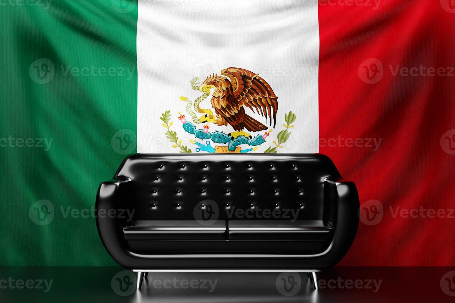 sofá de cuero negro con la bandera nacional de méxico al fondo. ilustración 3d foto