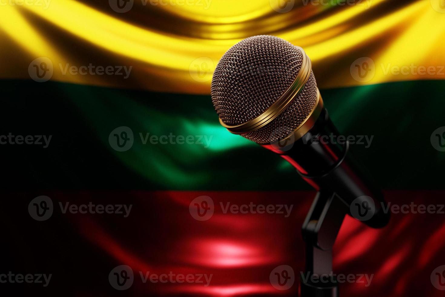 Microphone on the background of the National Flag of Lithuania, realistic 3d illustration. music award, karaoke, radio and recording studio sound equipment photo