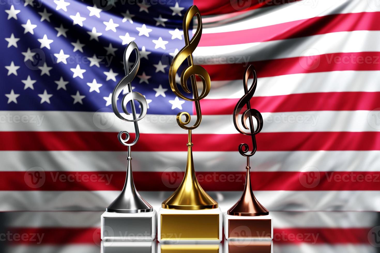 Treble clef awards for winning the music award against the background of the national flag of USA, 3d illustration. photo