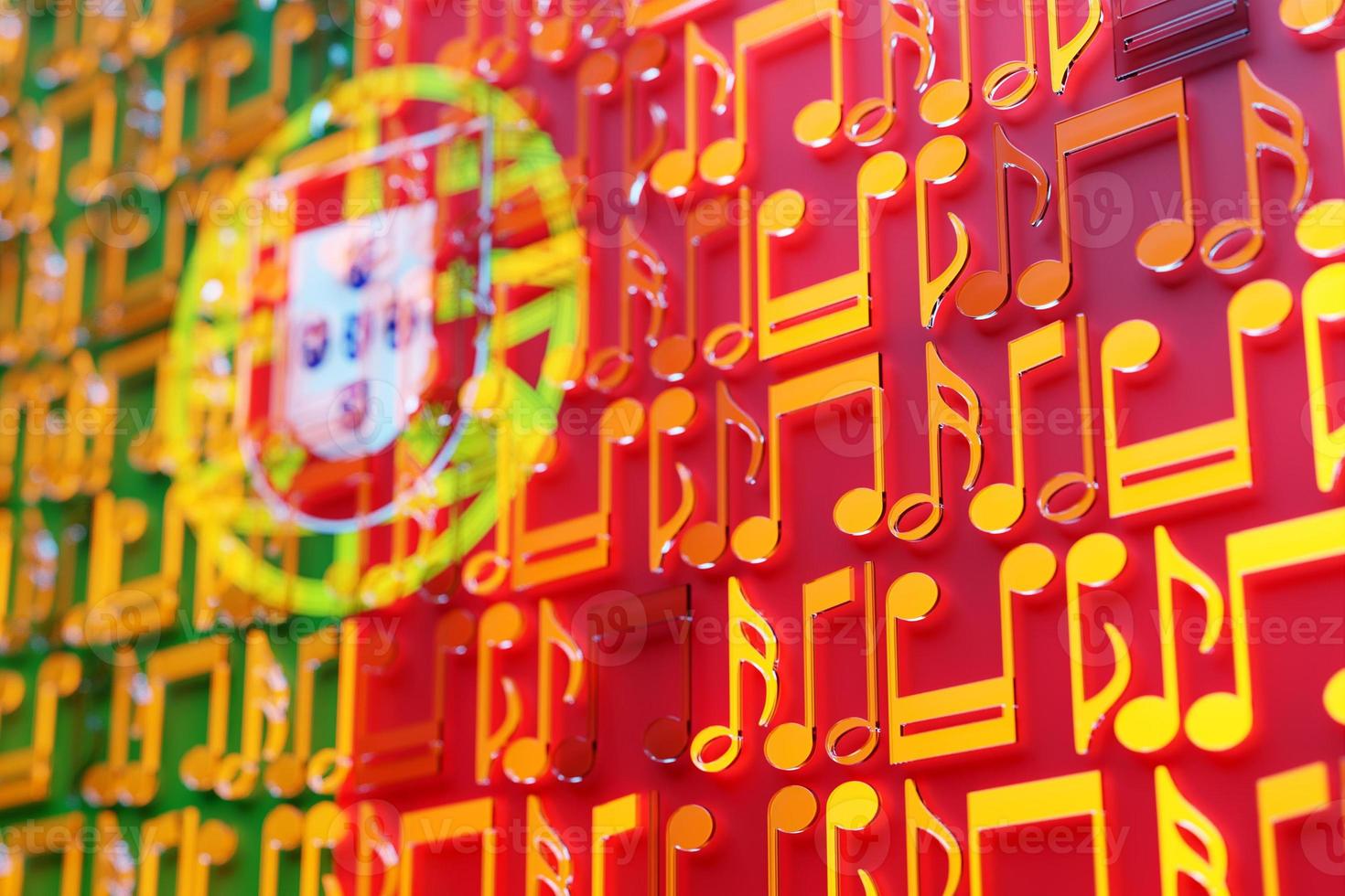 Musical notes lined up in even rows against the backdrop of the National Flag of  Portugal . The concept of the national anthem, music. 3D illustration photo