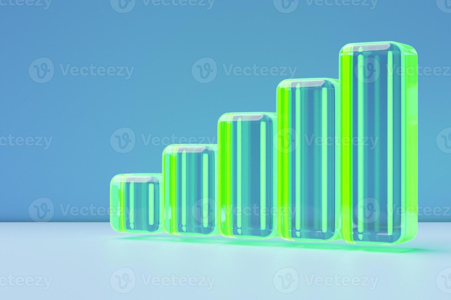 3D illustration green polygons stand in a row from small to large on a blue isolated background photo