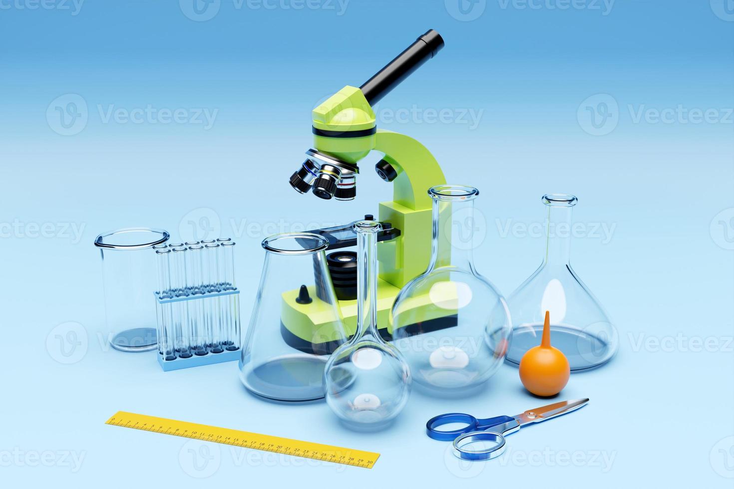 3d illustration of a set of laboratory instruments and a microscope. Chemical laboratory research on a blue background photo