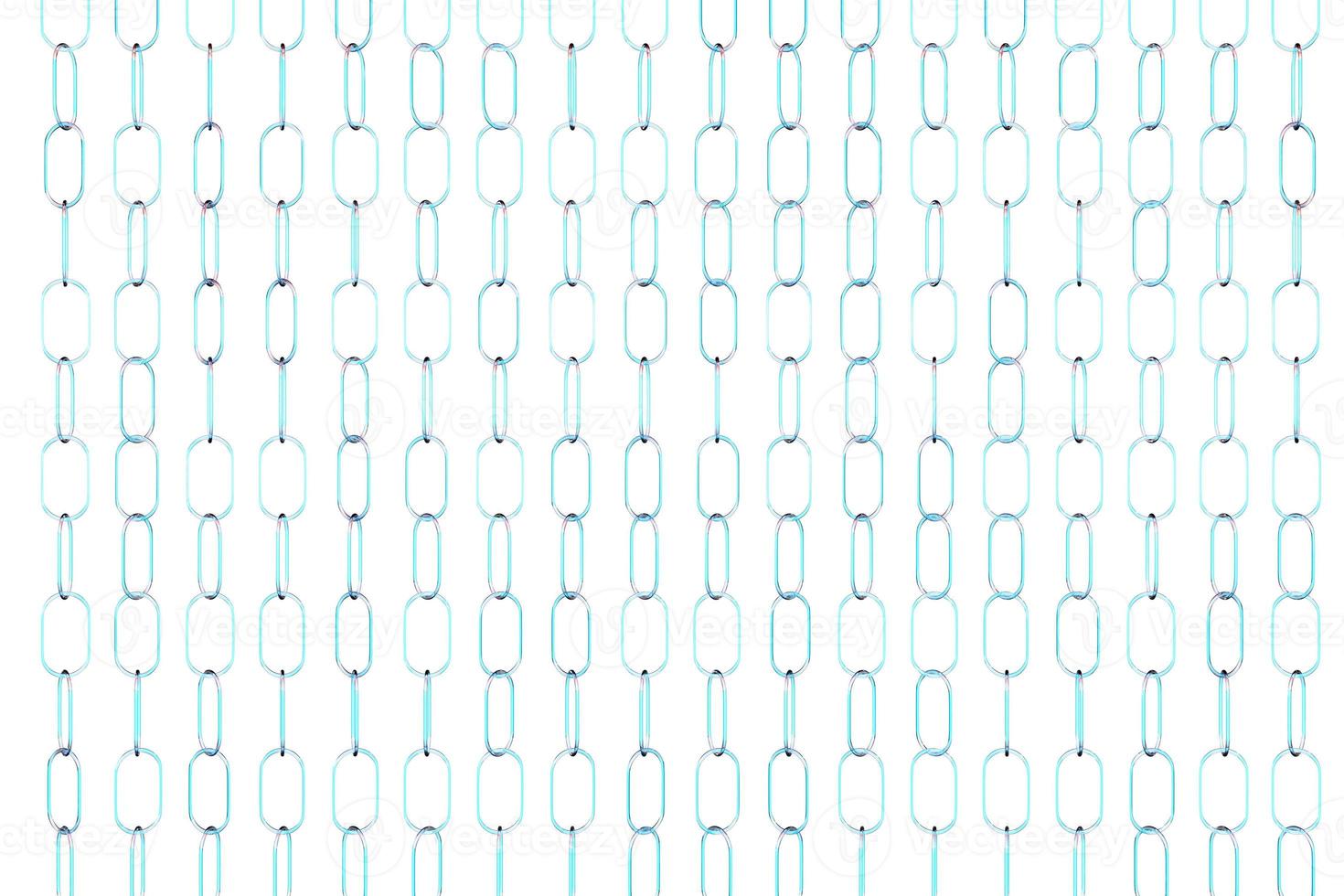 3d illustration of rows of silvery metal chains. Set of chains on a white background. Geometric pattern. Technology geometry background photo