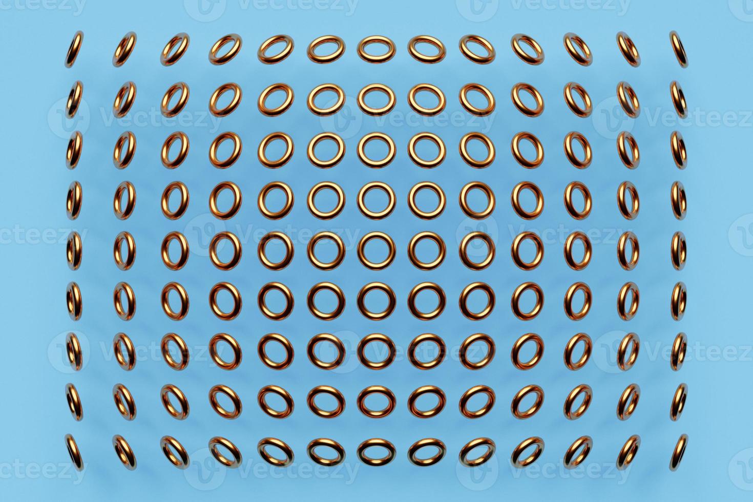 3d illustration of rows of  gold  torus .Set of  toruses  on monocrome background, pattern. Geometry  background photo