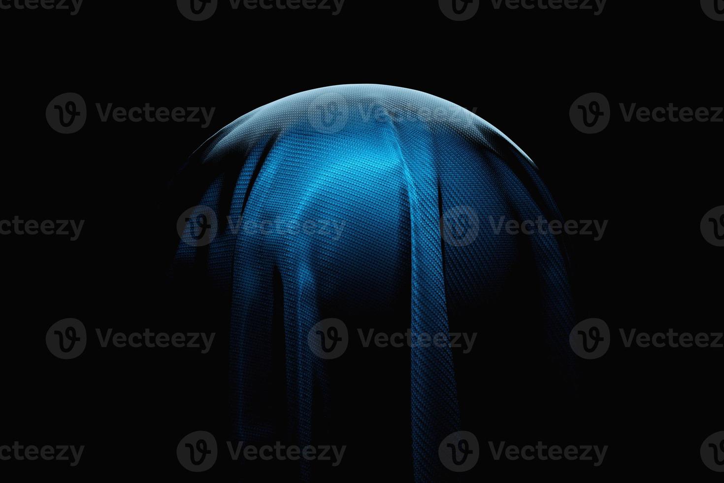 3d illustration of a ball  under a blue piece of fabric on a black  background. Geometry pattern. photo