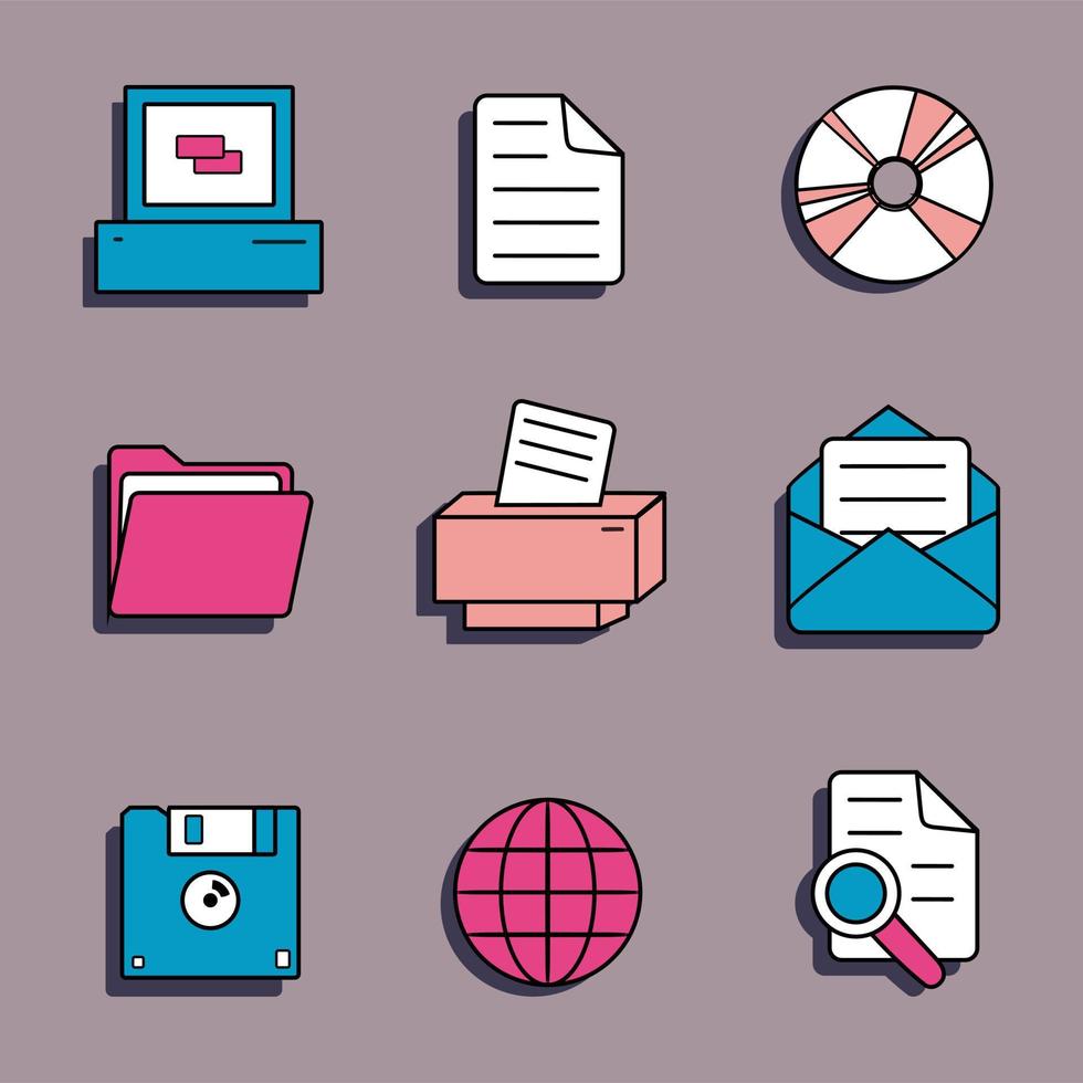 A set of interface elements of the old pc windows 90s, UI and UX themes. In retro vaporwave style. Vector illustration of windows and icons .