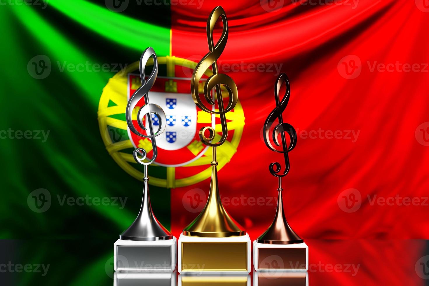 Treble clef awards for winning the music award against the background of the national flag of Portugal, 3d illustration. photo