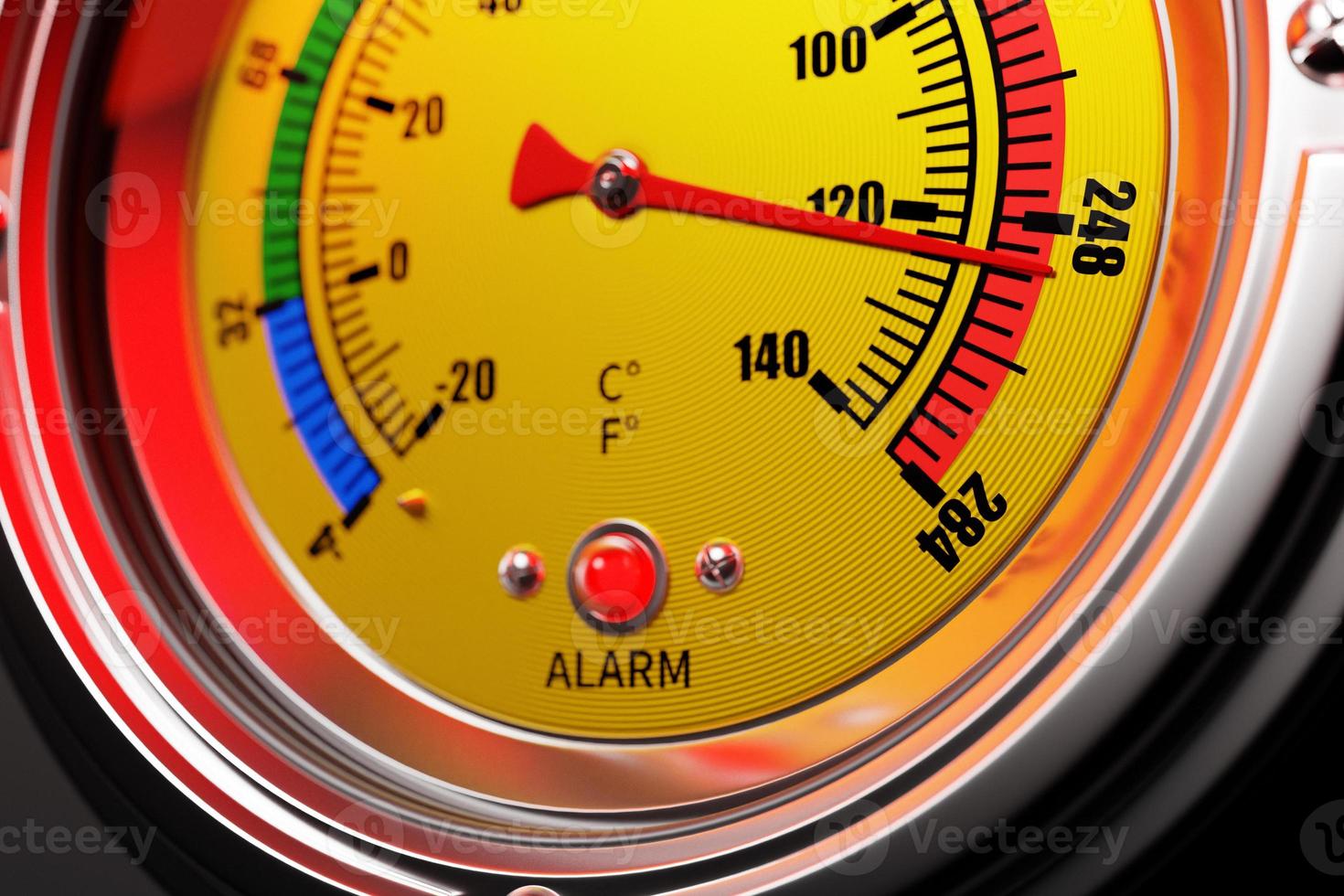 Round temperature sensor with an indicator at a critical level. 3d illustration isolated on black  background photo