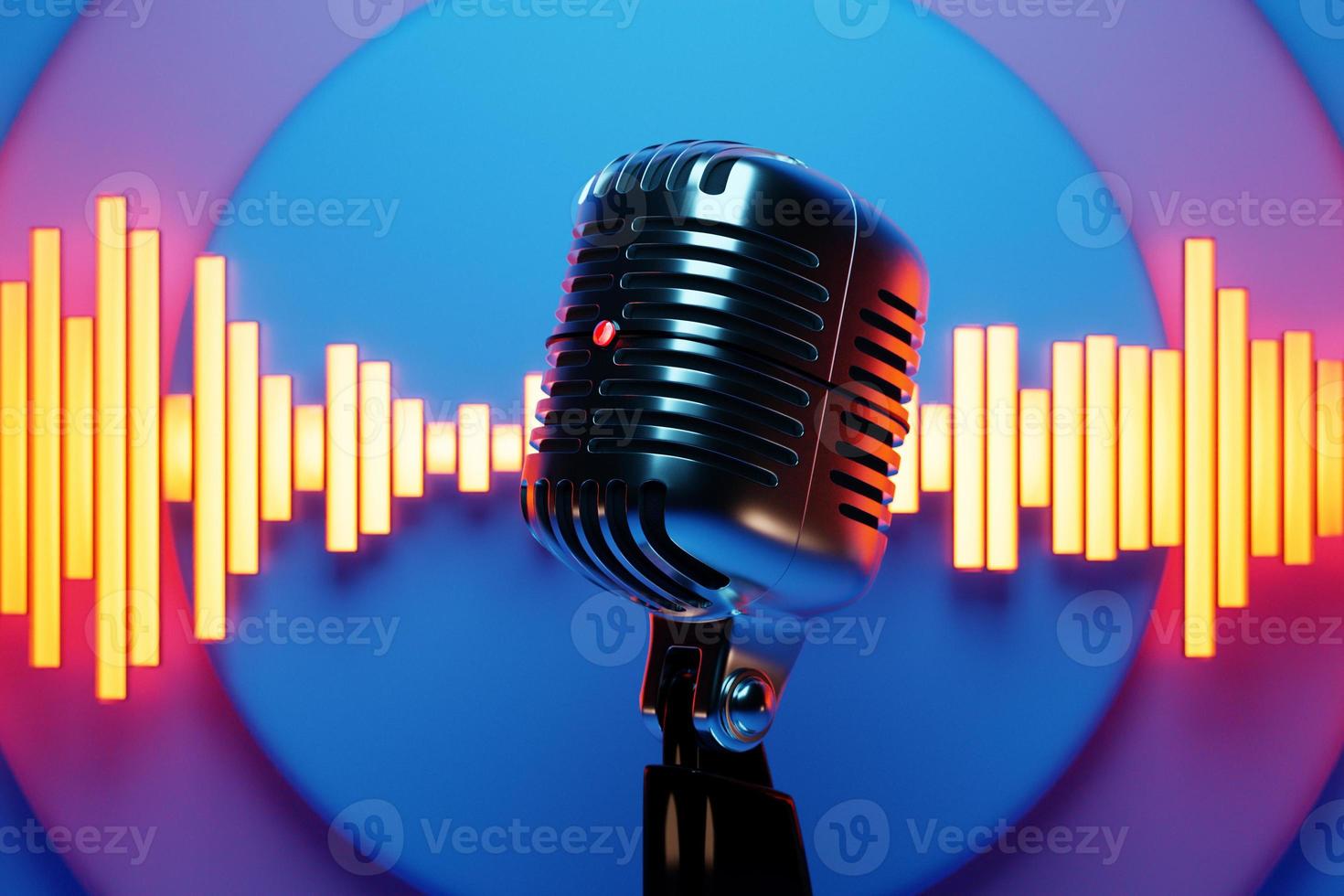 3D illustration, retro style microphone in party or concert  against the background of equalizer lines photo