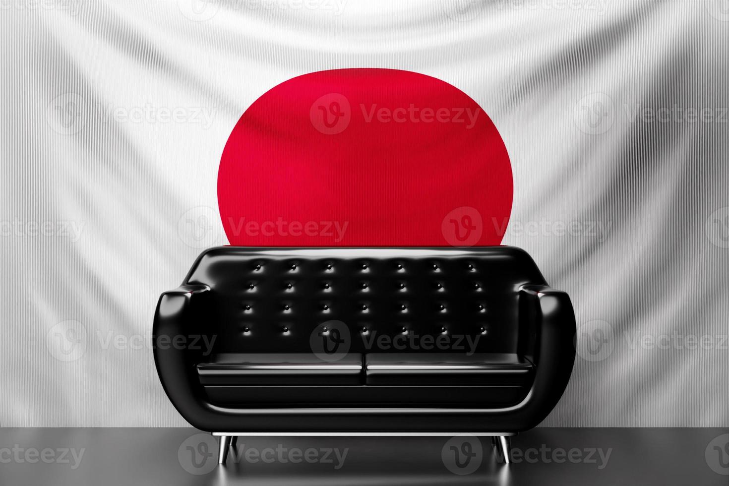 sofá de cuero negro con la bandera nacional de Japón al fondo. ilustración 3d foto