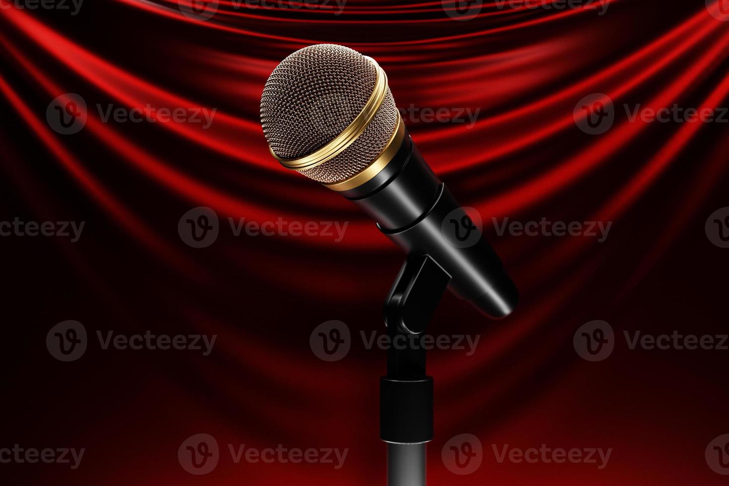 Microphone on the background of the red curtain, realistic 3d illustration. music award, karaoke, radio and recording studio sound equipment photo