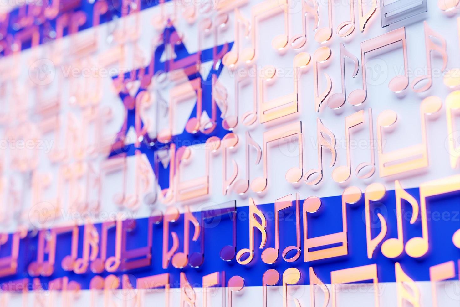 Musical notes lined up in even rows against the backdrop of the National Flag of  Israel . The concept of the national anthem, music. 3D illustration photo