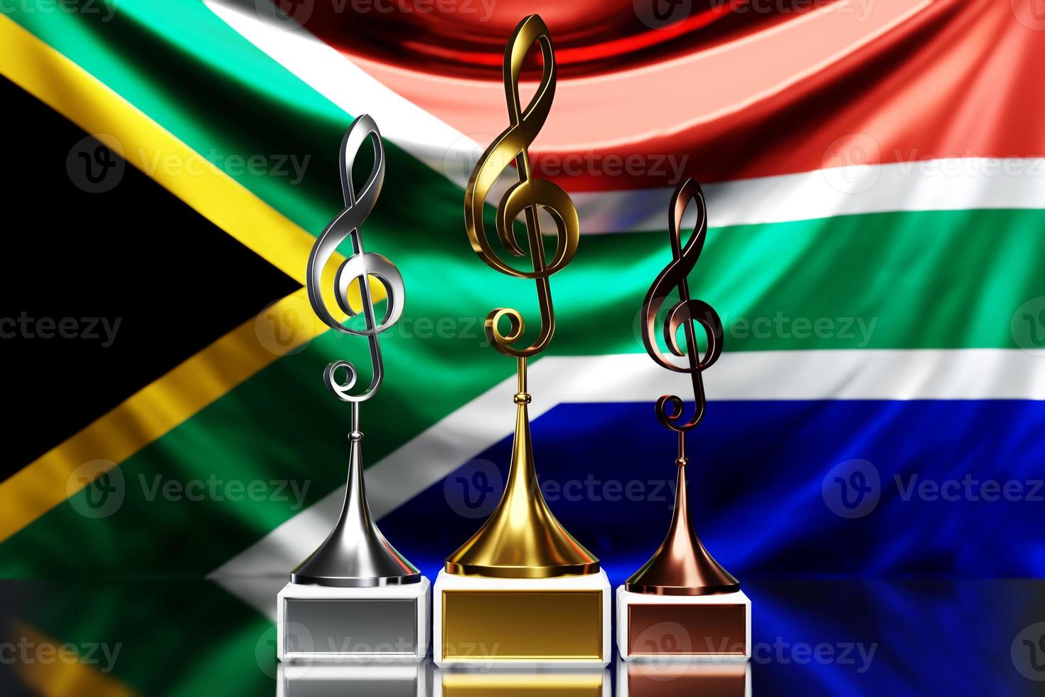 Treble clef awards for winning the music award against the background of the national flag of South Africa, 3d illustration. photo