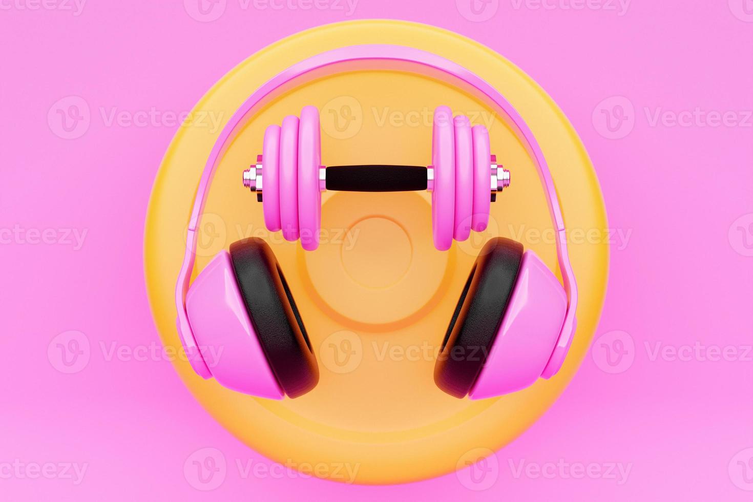 3D illustration  metal pink dumbbell with disks and headphones  on   pink  background. Fitness and sports equipment photo