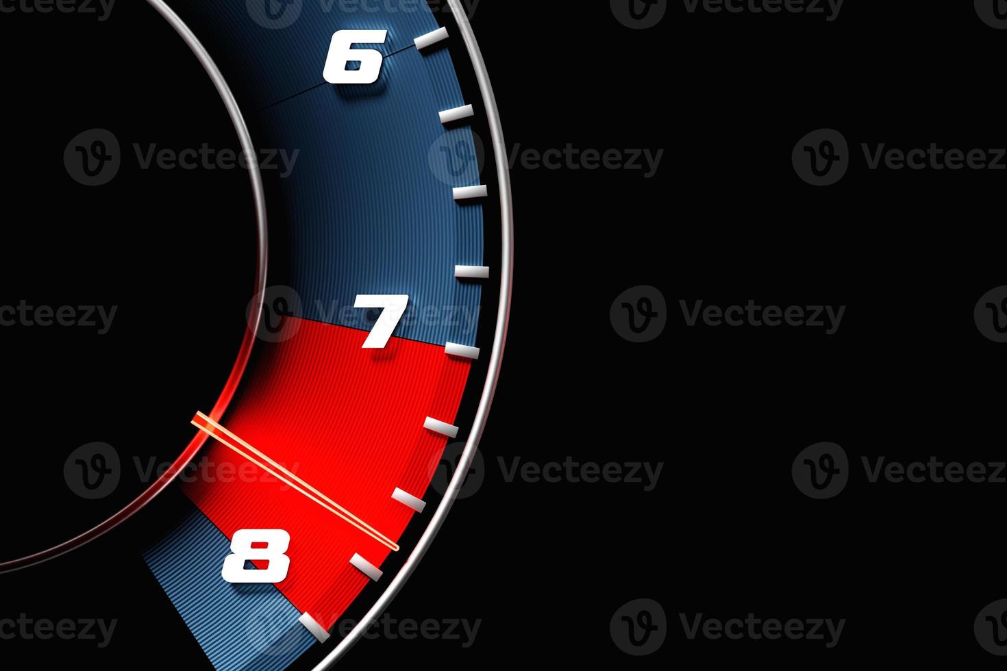 3D illustration close up blue car panel, digital bright tachometer. Tachometer arrow shows maximum speed photo