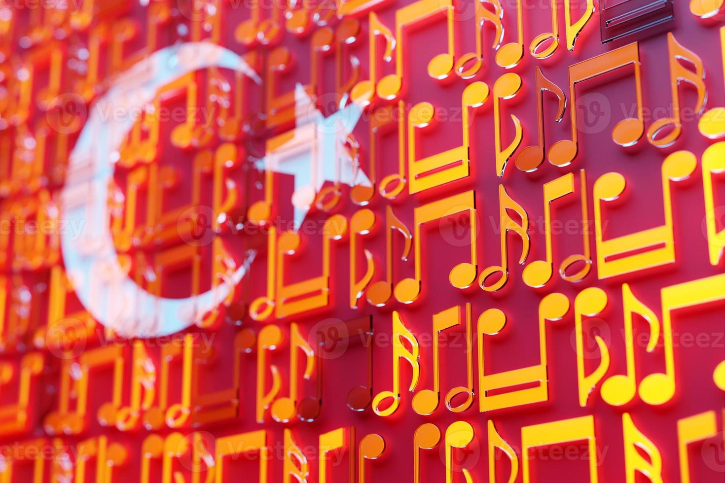 Musical notes lined up in even rows against the backdrop of the National Flag of   Turkey  . The concept of the national anthem, music. 3D illustration photo