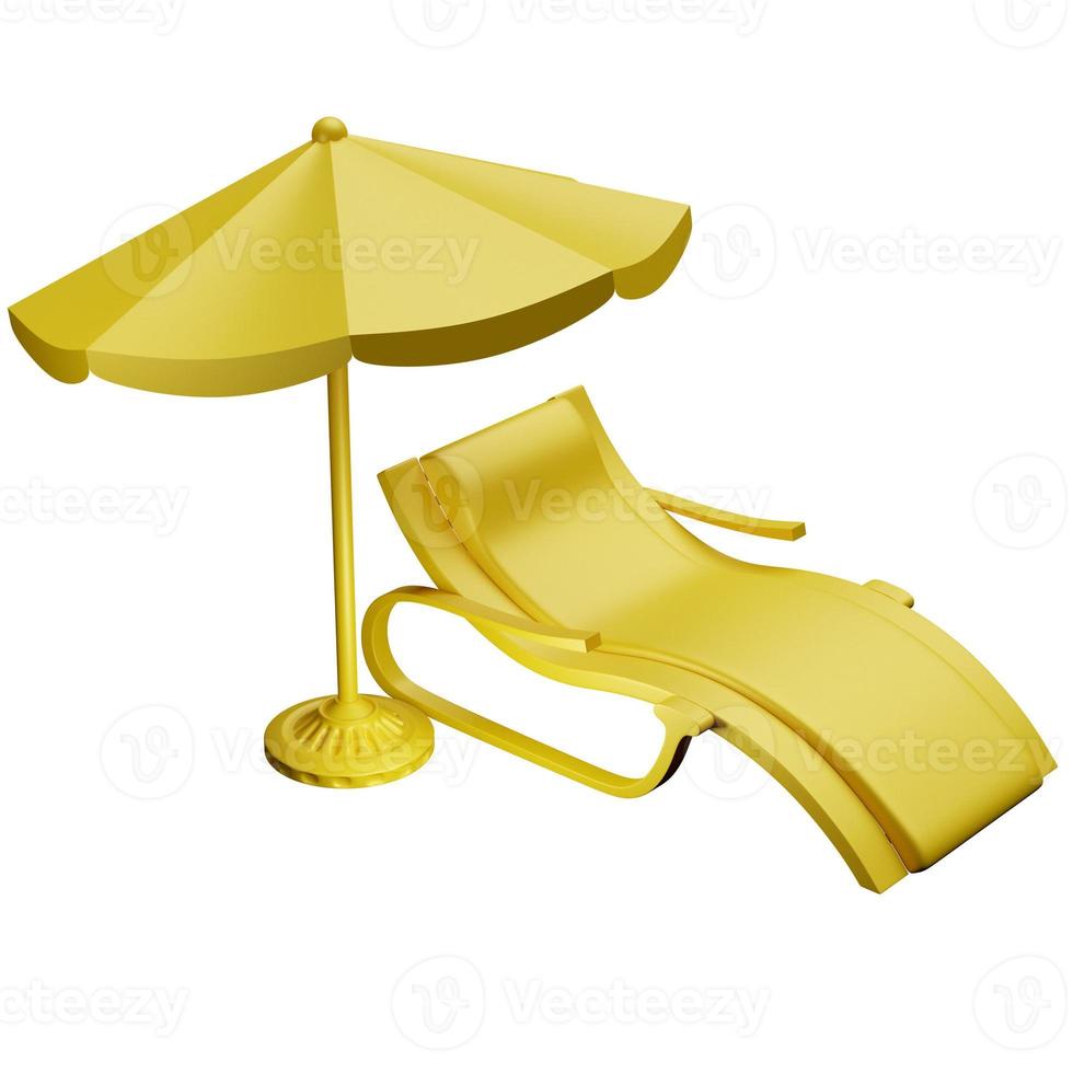 3d illustration of a yellow beach chair  under a parasol on white isolated background. Summer vacation concept by the beach. photo
