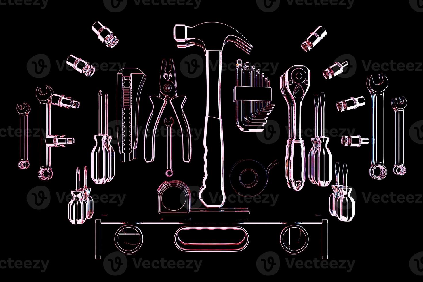 Construction tool shop service concept. Glass set of all tools for home repair builder on a monocrome background. 3d illustration photo