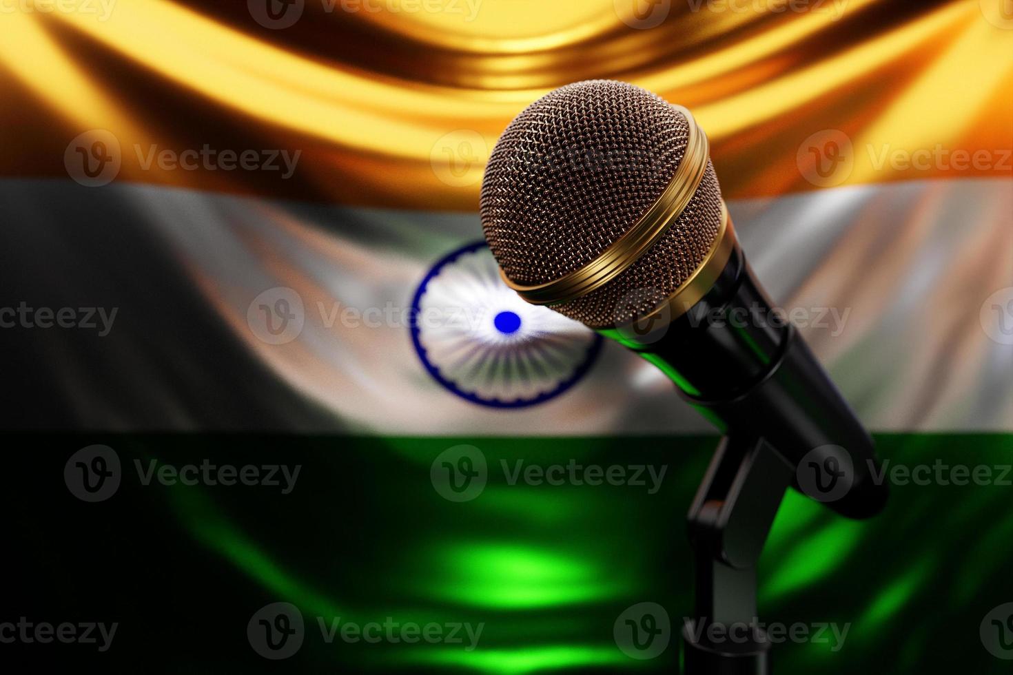 Microphone on the background of the National Flag of  India realistic 3d illustration. music award, karaoke, radio and recording studio sound equipment photo