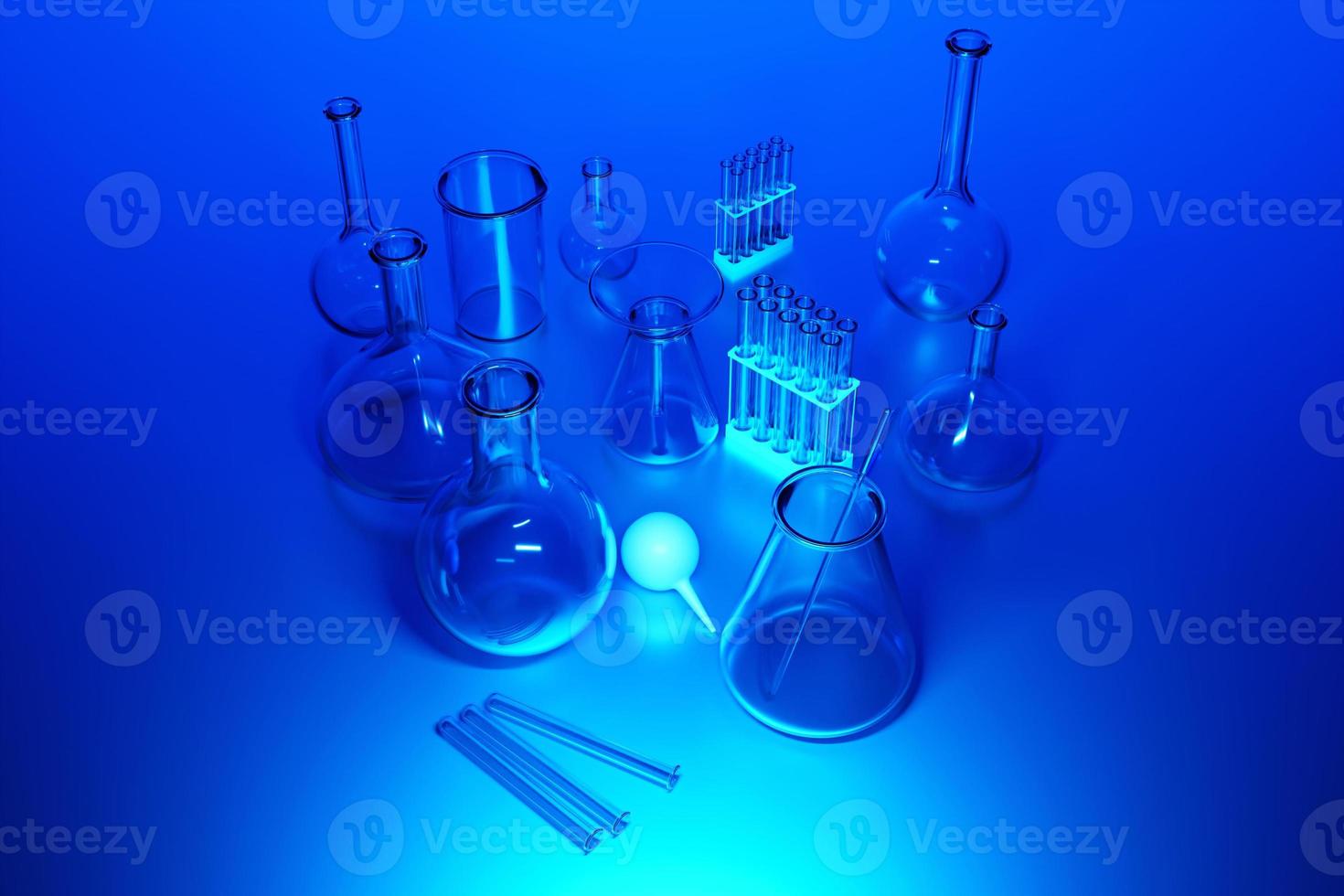 3D  illustration laboratory glass equipment, test tubes and flasks on blue background. Laboratory glassware for medical or scientific research. Empty flasks, glasses. photo