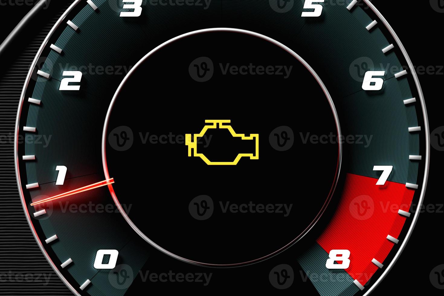 3D illustration close up black car panel, digital bright tachometer, engine icon blinking on black isolated background photo