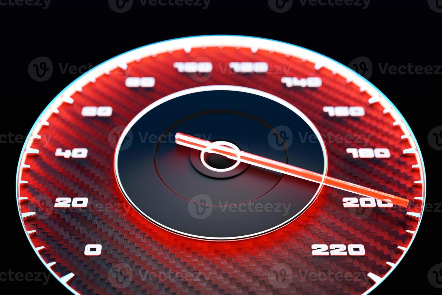 3D close-up illustration of a black dashboard of a car, a digital bright speedometer with a red arrow in a sporty style. photo