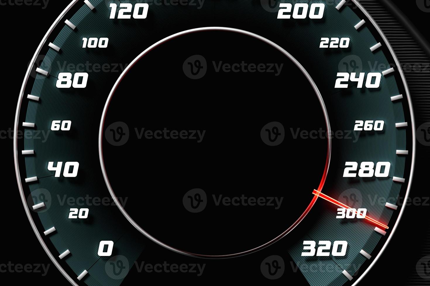3D illustration close up black car panel, digital bright speedometer in sport style. The speedometer needle shows a maximum speed of 300 km h photo